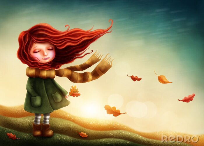 Poster Herfst meisje met rood golvend haar