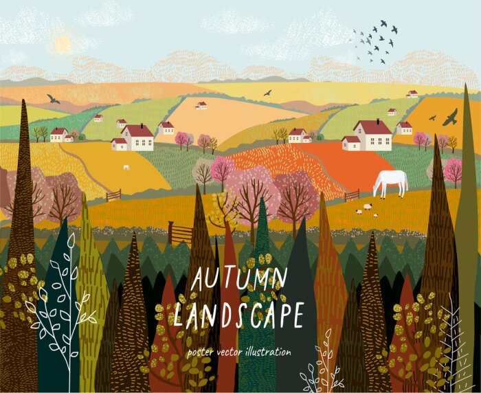 Poster Herfstpanorama van het platteland