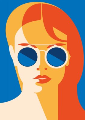Het portret van de manier van een modelmeisje met zonnebril. Retro trendy kleurenposter of vlieger.