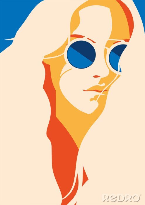Poster Het portret van de manier van een modelmeisje met zonnebril. Retro trendy kleurenposter of vlieger.