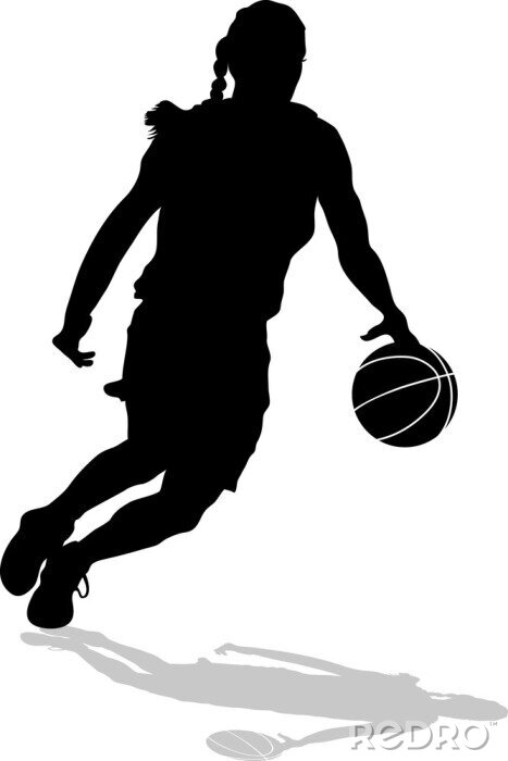 Poster Het silhouet van de vrouw Basketbalspeler Dribbelen