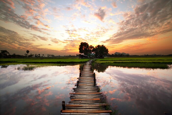 Poster Het thema van de natuur en de weg op de achtergrond van water
