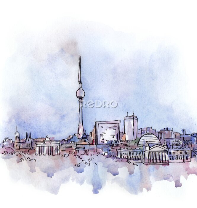 Poster het uitzicht over Berlijn aquarel van de Europese Unie landen die op de witte achtergrond