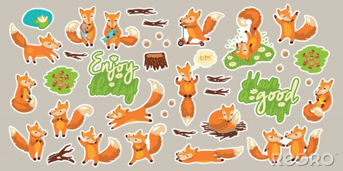 Poster Het verzamelen van stickers met leuke cartoon vossen