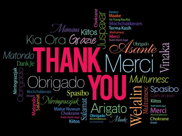 Poster Het woord bedankt geschreven in verschillende talen