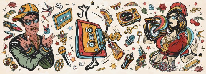Poster Hip hop music. Old school tattoo collection. African American man rapper in baseball cap and glasses, Rap girl, swag woman, boom box. Audio cassette, break dance. Tattooing musical street ghetto