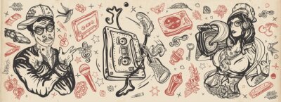 Poster Hip hop music. Old school tattoo collection. Rap girl, swag woman, boom box. African American man rapper in baseball cap and glasses. Audio cassette, break dance. Tattooing musical street ghetto