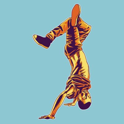 Poster Hiphop dansende jongen die zich op zijn handsVectorillustratie op een blauwe achtergrond bevindt.