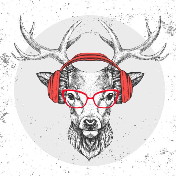 Poster Hipster animal deer with headphones. Hand drawing Muzzle of animal deer