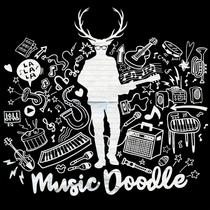 Poster Hipster herten met gitaar en koele oogbril. Hand tekening Doodle, vectorillustratie.