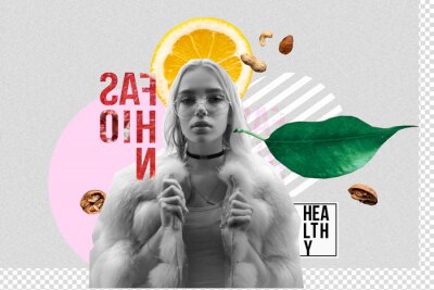Poster Hipster stylish fashion 20s teen girl vegan healthy food products on modern contemporary art collage, young woman wear faux fur posing on grey background trendy zine culture abstract creative artwork
