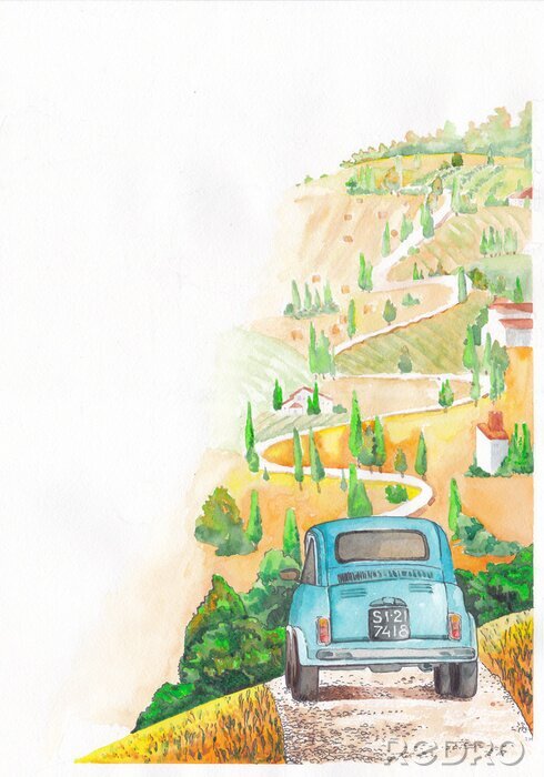 Poster Historische auto op de weg in Toscane