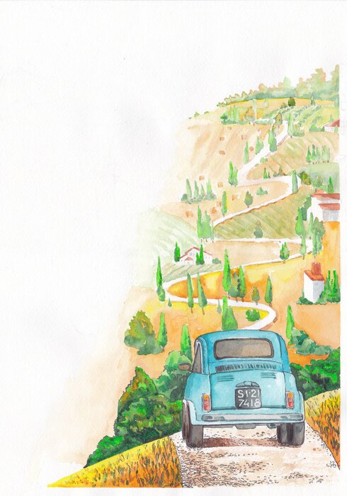 Poster Historische auto op de weg in Toscane
