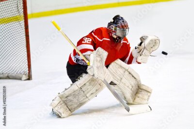 Poster Hockey goalie in generische rood apparatuur beschermt gate