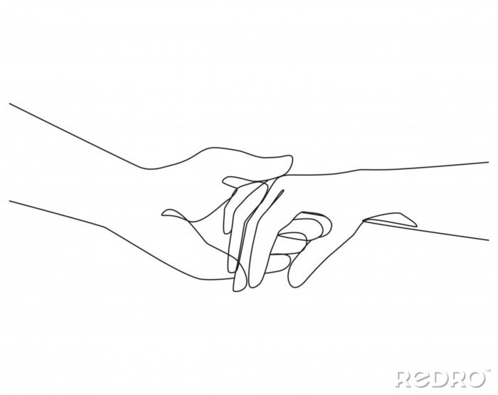 Poster Holding hands one line drawing on white isolated background. Vector illustration