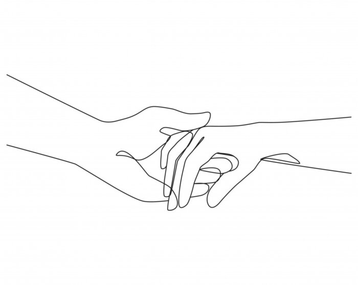 Poster Holding hands one line drawing on white isolated background. Vector illustration