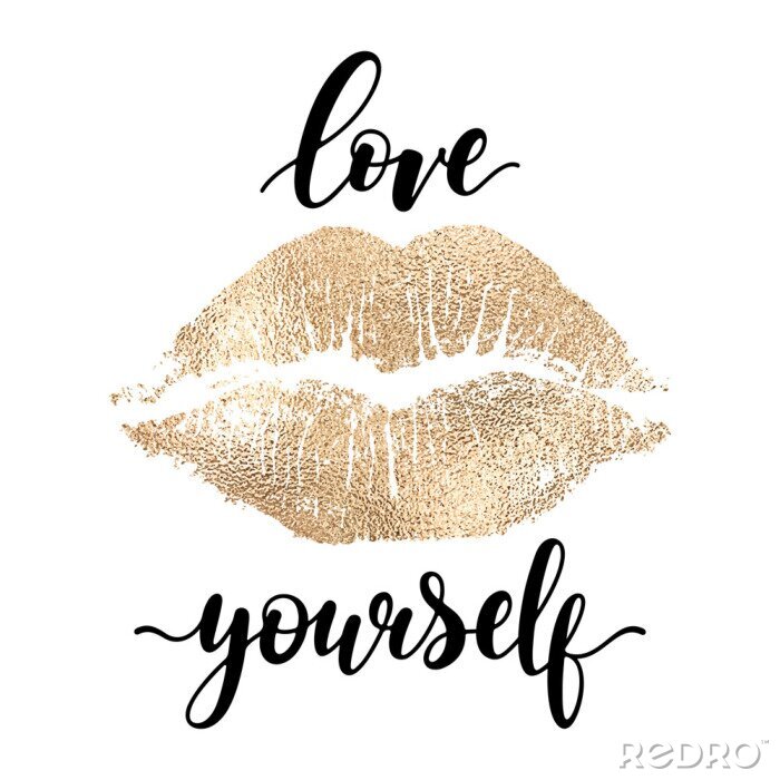 Poster Hou van jezelf - zwarte hand geschreven letters met gouden lip afdruk geïsoleerd op witte backgroun. Modern vectorontwerp, decoratieve inscriptie, motiverende poster.
