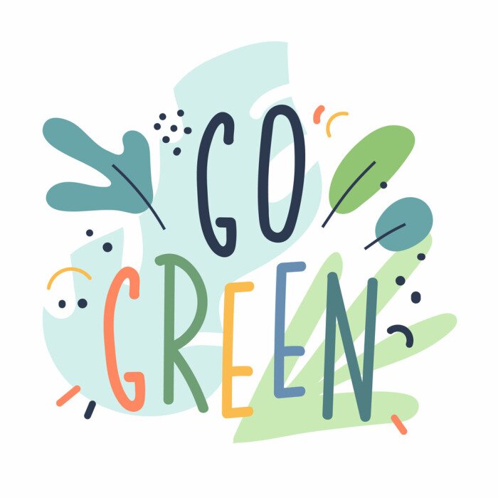 Poster House plant lettering, go green phrase, illustrated quote. Doodle handwritten phrase with simple scandinavian style illustrations. Vector typography; good for t-shirt print; postcard or poster