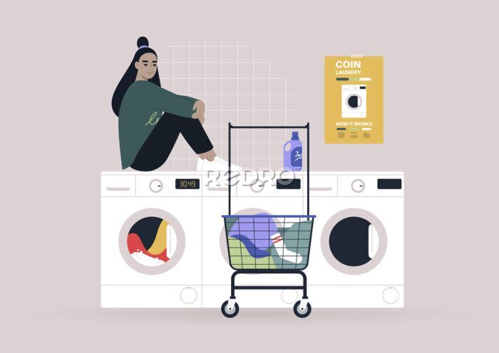 Poster Household chores concept, a young female Asian character waiting for their laundry in a coin laundromat