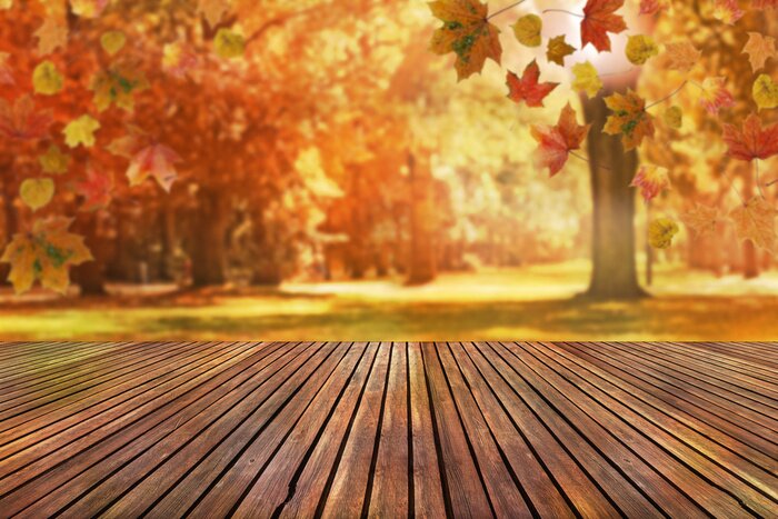 Poster Houten overloop met herfstachtergrond