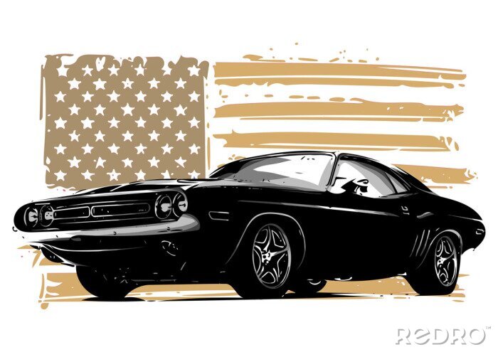 Poster Illustratie met een Amerikaanse auto