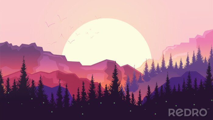 Poster Illustratie met een berg zonsondergang