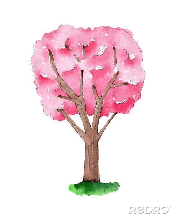 Poster Illustratie van een boom met roze bladeren
