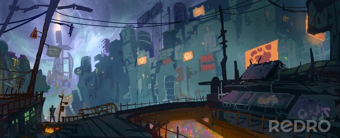 Poster Illustratie van een fantasiestad