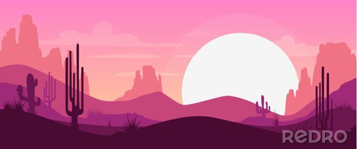 Poster Illustratie van een woestijn zonsondergang