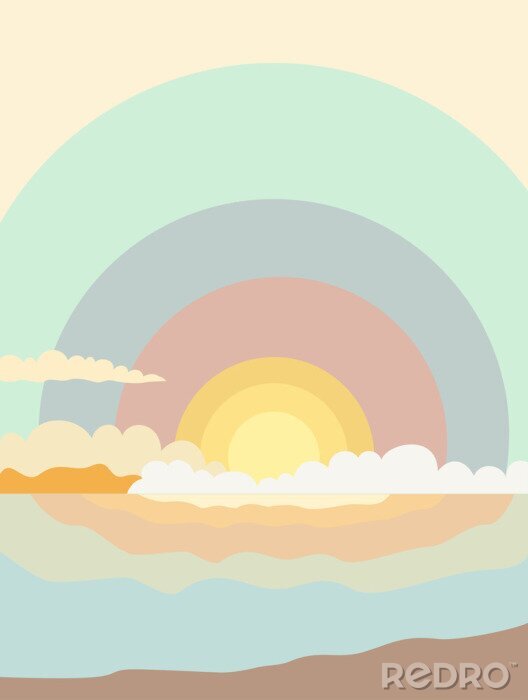 Poster Illustratie van zonsopgang in het overzees in gevoelige pastelkleuren met wolken en kust voor affiche, decoratie, boekdekking, achtergrond
