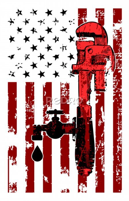 Poster Illustration of an American plumber flag. Wrench viewed from the side and water tap with drop with usa stars and stripes flag in the background done in retro.