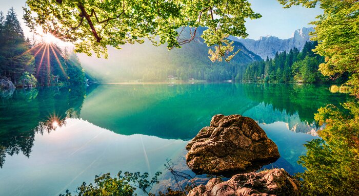 Poster Impressive morning view of Fusine lake. Attractive summer scene of Julian Alps with Mangart peak on background, Province of Udine, Italy, Europe. Traveling concept background.