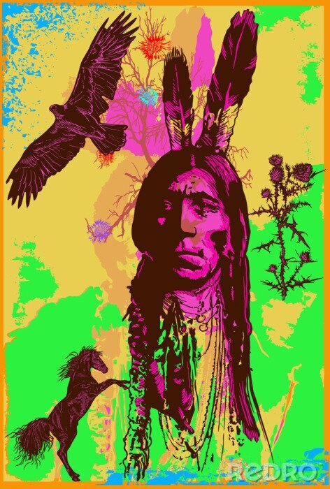 Poster Indian Warrior, Sitting Bull portrait - Freehand schets, vector
