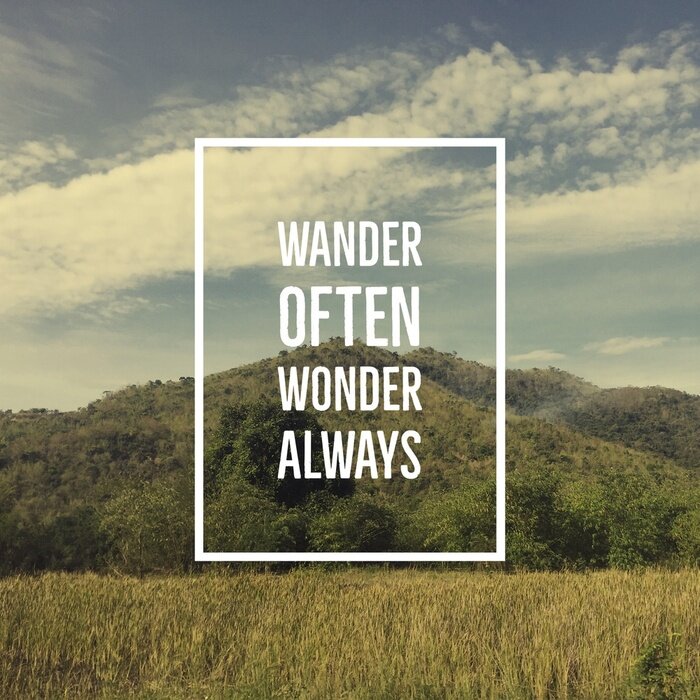 Poster Inspirerend motiverend citaat "vaak dwalen, vroeg altijd af" op bergachtergrond.