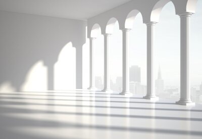 Poster Interieur met zuilen in het zonlicht.