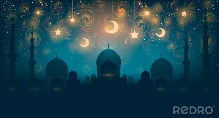 Poster Islam. Magical oriental night on vector picture. Vector illustration of fantastic night in oriental palace with golden stars.