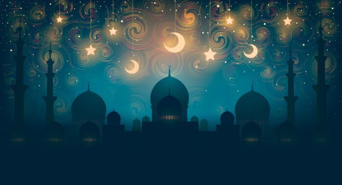 Poster Islam. Magical oriental night on vector picture. Vector illustration of fantastic night in oriental palace with golden stars.