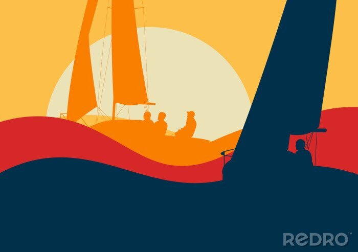 Poster Jachten varen regatta oceaan landschap met zonsondergang