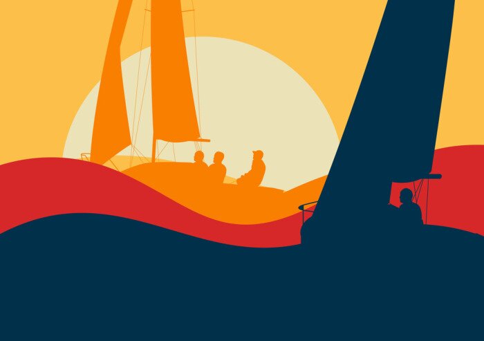 Poster Jachten varen regatta oceaan landschap met zonsondergang