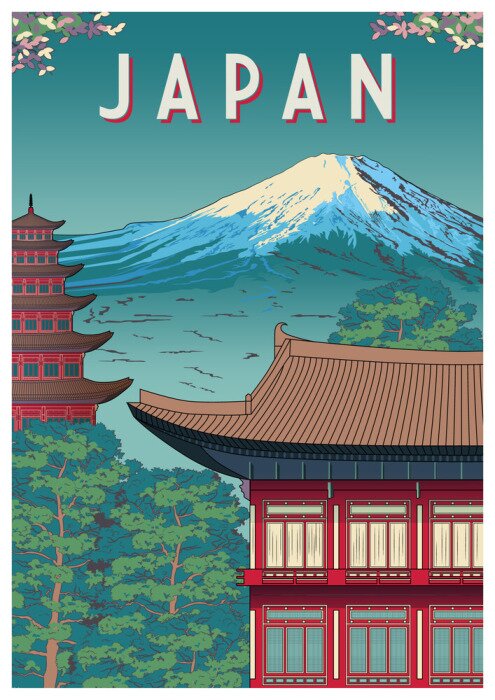 Poster Japan Travel Poster with Temple in the first plan and mountain in the background.