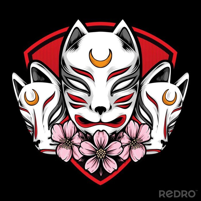 Poster japanese kitsune mask vector logo