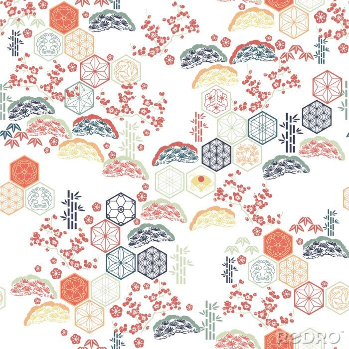 Poster Japanese pattern vector. Red flower , Bamboo, Pine tree  elements  background.
