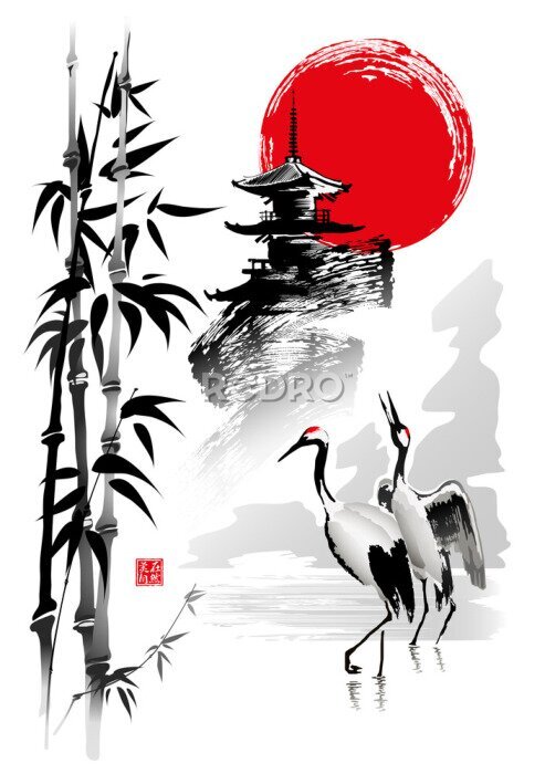 Poster Japanse aquarel met vogels