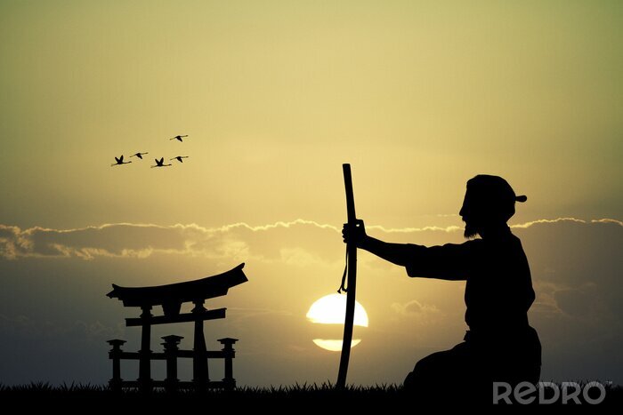 Poster Japanse man met zwaard bij zonsondergang
