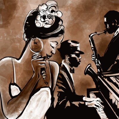 Jazz band met zangeres, saxofoon en piano - illustratie