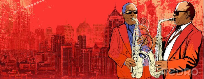 Poster Jazzmuzikanten op de stadspanorama