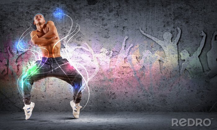 Poster jonge man dansen hip hop met kleur lijnen