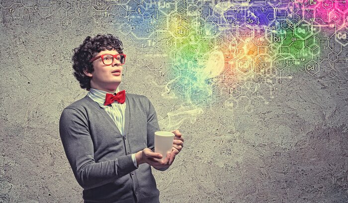 Poster Jonge man met rook die uit beker