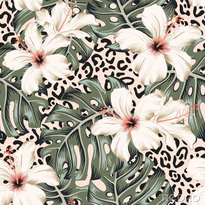 Poster Jungle bladeren en tropische hibiscus bloemen