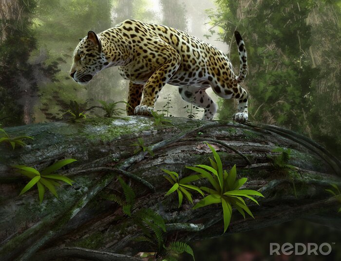 Poster Jungle met 3D jaguar